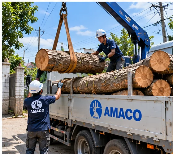 Cần cẩu nâng khúc gỗ lên thùng xe tải tại điểm tập kết