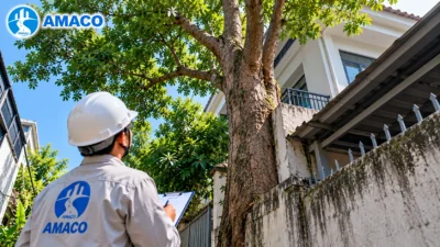 Nhân viên khảo sát cây gỗ lớn mọc sát nhà và tường rào trước khi đánh giá thu mua