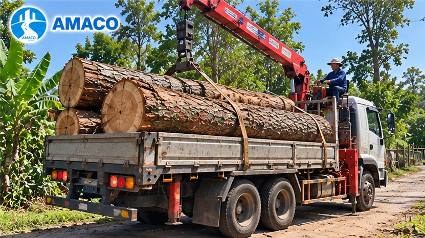Xe tải cẩu vận chuyển thân gỗ từ khu vực thu mua