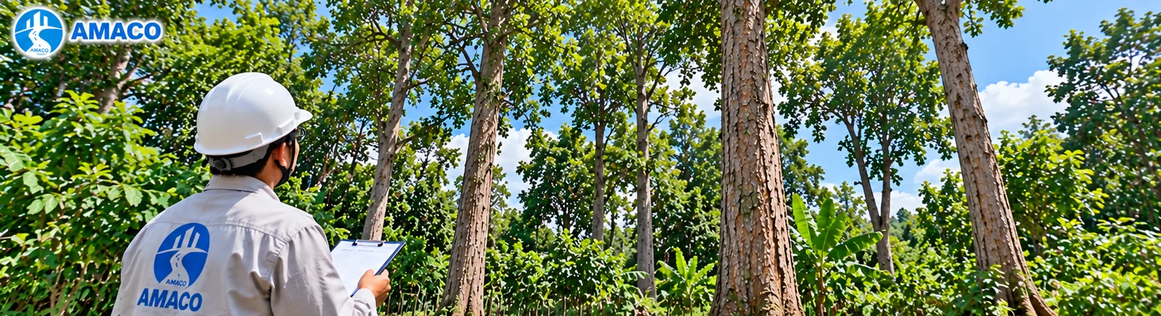 Nhân viên khảo sát cây gỗ tại vườn, ghi nhận thông tin để xem xét thu mua