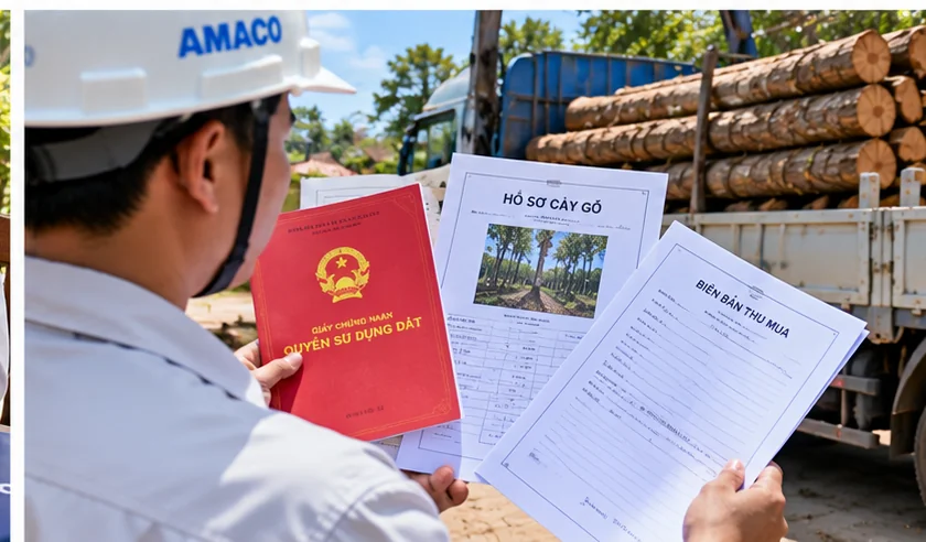 Nhân viên kiểm tra hồ sơ nguồn gốc gỗ trước khi vận chuyển bằng xe tải