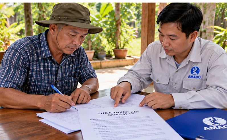 Chủ vườn và đại diện thu mua trao đổi giấy tờ thỏa thuận mua bán cây gỗ