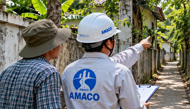 Nhân viên khảo sát lối đi hẹp dẫn vào vườn cây gỗ trước khi thu mua