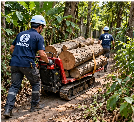 Nhân viên trung chuyển các khúc gỗ bằng thiết bị bánh xích nhỏ trên đường đất