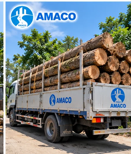 Xe tải chở các thân gỗ đã cắt và xếp trên thùng xe