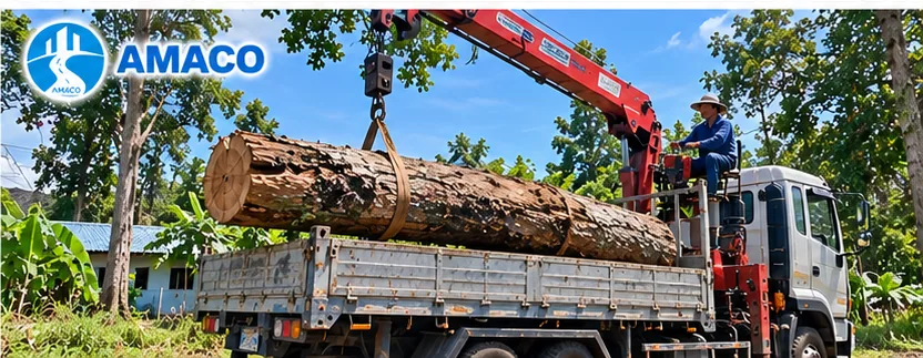 Xe cẩu vận chuyển thân gỗ sau khi xử lý tại vườn