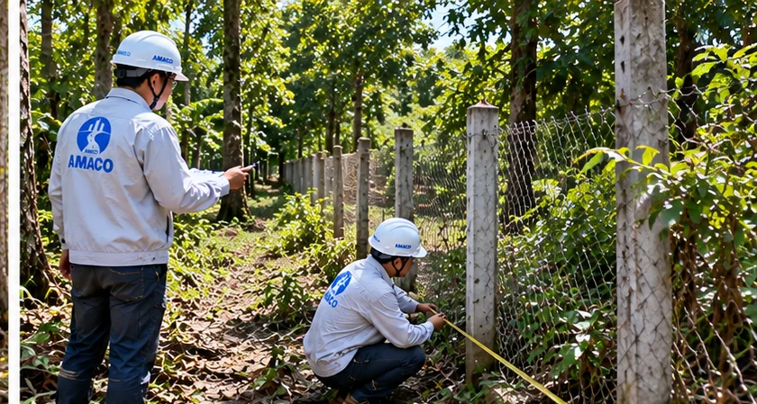 Nhân viên khảo sát đo đạc khu vực hàng rào và ranh giới vườn cây
